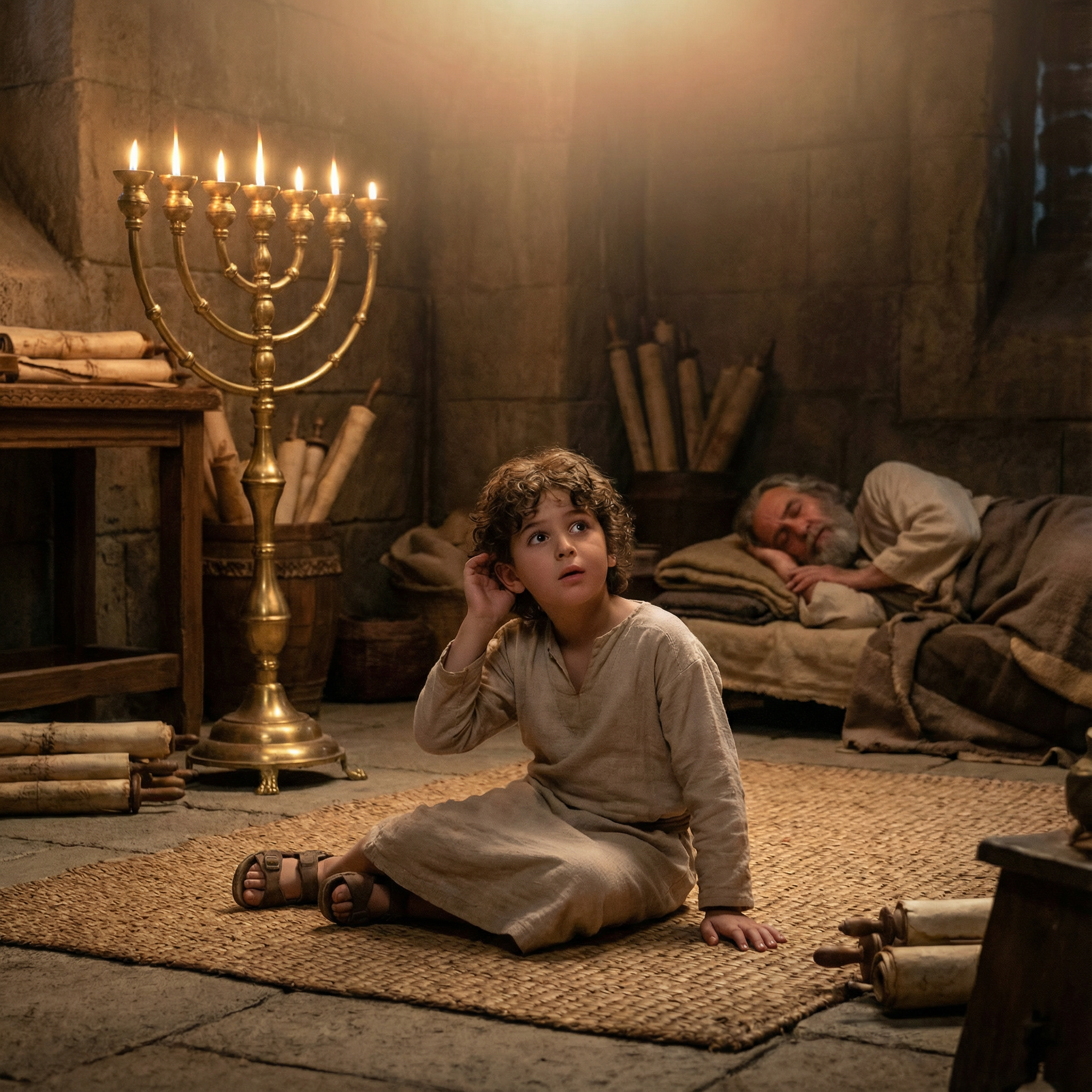 The boy Samuel hearing the voice of God in the temple. 